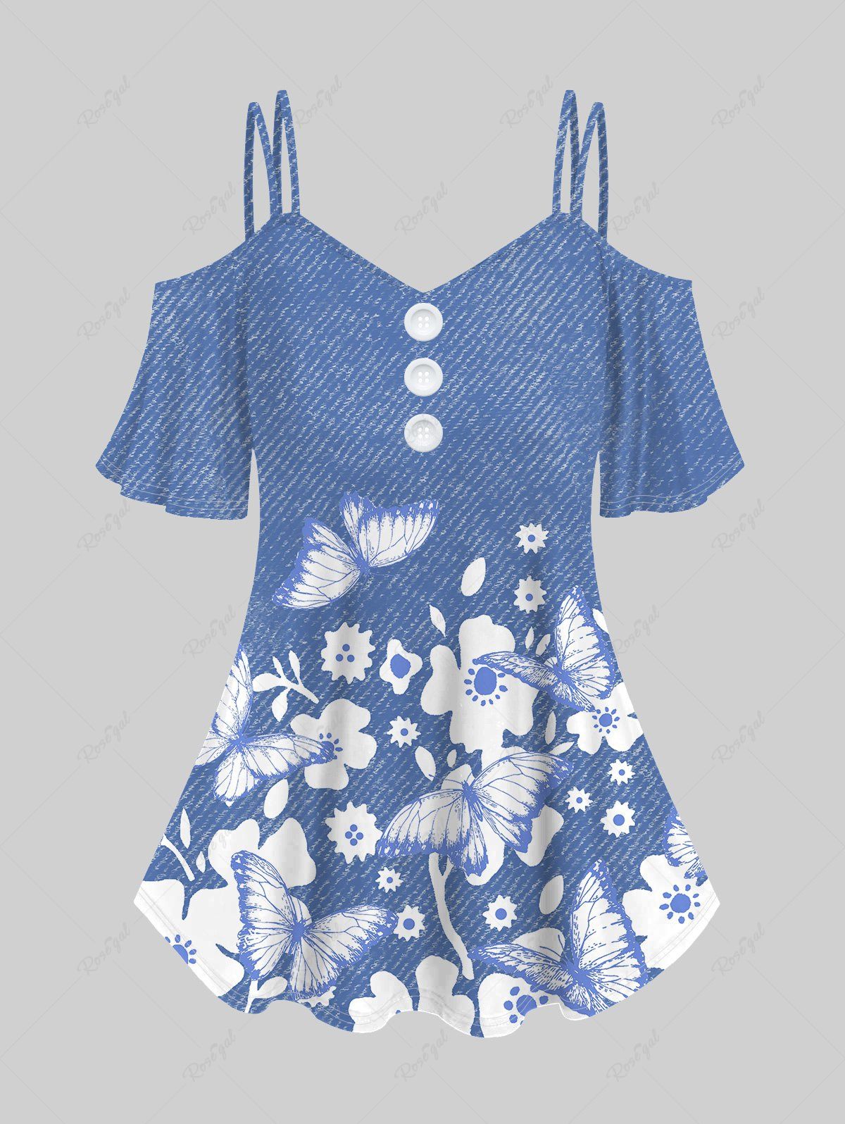 T-shirt à Épaules Nues Imprimé Papillon Floral 3D Grande Taille Bleu 5x | US 30-32