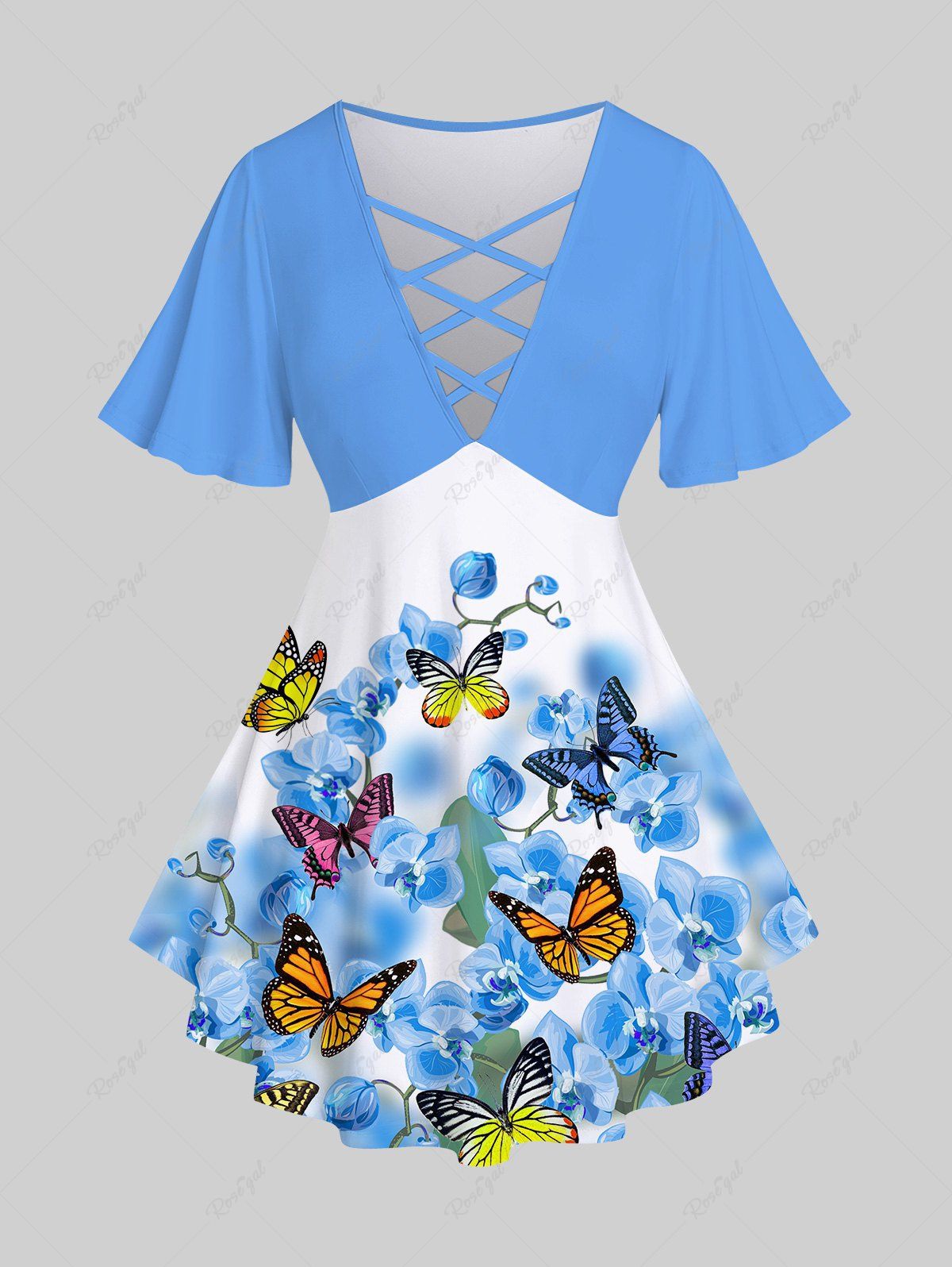 T-shirt Fleuri Papillon Imprimé Croisé de Grande Taille à Col V Bleu 5x | US 30-32