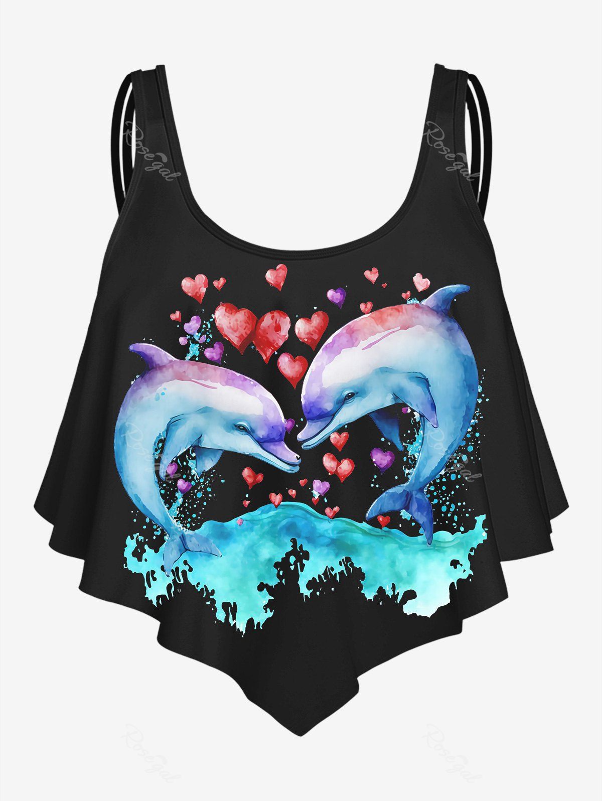 Affordable 3D Dolphin Sea Waves And Heart-Shape Printed Tankini Top  