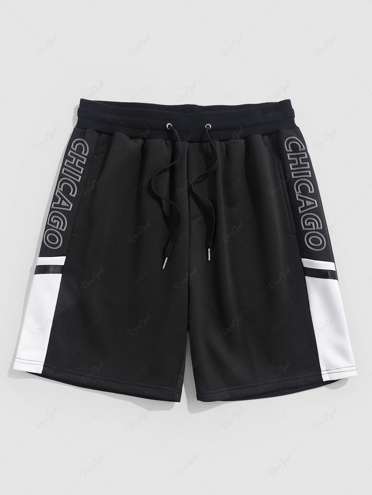 Fashion CHICAGO Letter Drawstring Colorblock Sweat Shorts  