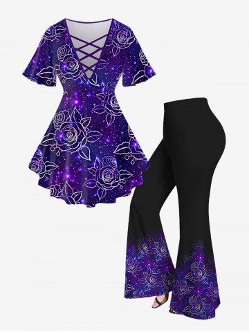 Plus Size Crisscross Light Beam Floral Printed V-Neck Short-Sleeved T-Shirt and 3D Light Beam Flower Colorblocks Printed Flare Pants Outfit - CONCORD