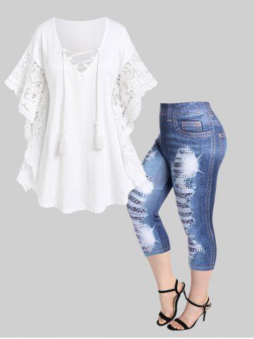 Lace-up Tassel Lace Panel Kaftan Top and High Waist 3D Ripped Jean Print Capri Jeggings Plus Size Outfit - WHITE