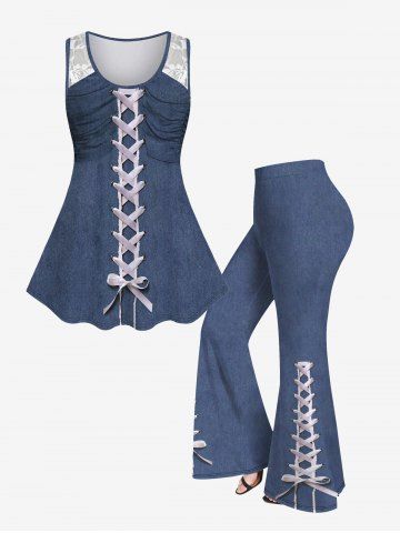 Ensemble de Débardeur 3D Jean en Dentelle en Avant à Epaule Dénudée de Grande Taille et de Haut Débardeur Evasé