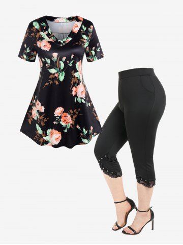 V Neck Floral Tee and Lace Rhinestones Capri Leggings Plus Size Summer Outfit - BLACK