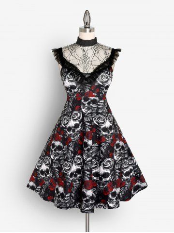 Gothic Skull Rose Print Sleeveless A Line Dress And Gothic Spider Web Ruffled Mesh Detachable Collar Gothic Outfit - BLACK