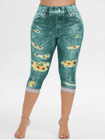 Sunflower Galaxy Printed Crisscross Short Sleeves Tee and Capri Jeggings Plus Size Outfits