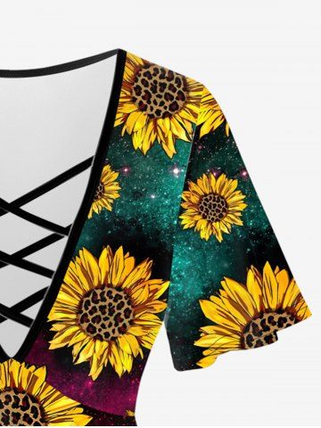Sunflower Galaxy Printed Crisscross Short Sleeves Tee and Capri Jeggings Plus Size Outfits