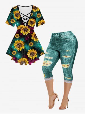 Sunflower Galaxy Printed Crisscross Short Sleeves Tee and Capri Jeggings Plus Size Outfits - DEEP GREEN