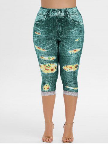 Sunflower Galaxy Printed Crisscross Short Sleeves Tee and Capri Jeggings Plus Size Outfits