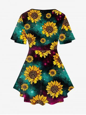Sunflower Galaxy Printed Crisscross Short Sleeves Tee and Capri Jeggings Plus Size Outfits