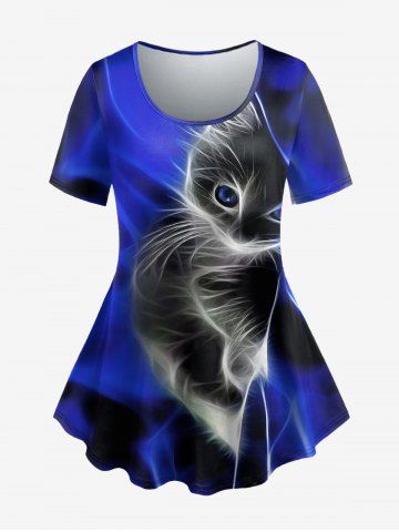 Camiseta Talla Extra Manga Corta Estampado 3D Gato - BLUE - 5X | US 30-32