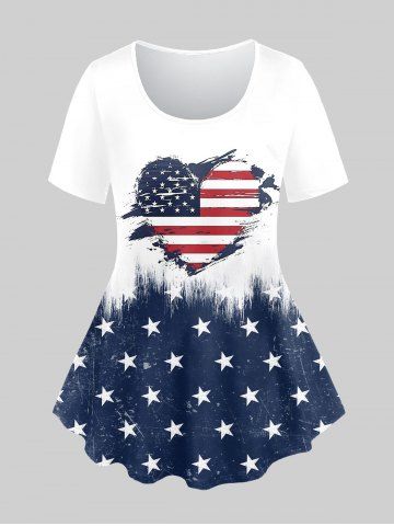 T-shirt Imprimé Drapeau Américain Coeur Grande Taille - DEEP BLUE - 3X | US 22-24