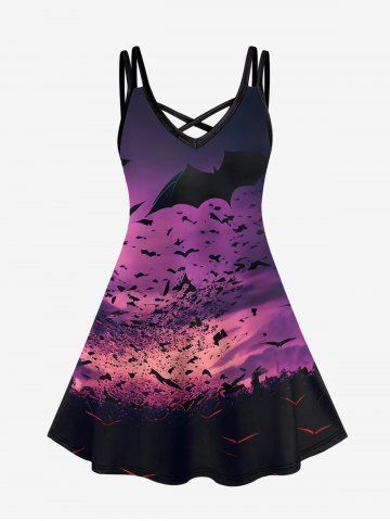 Gothic Bat Print Crisscross Detail Sleeveless Dress - PURPLE - 1X | US 14-16