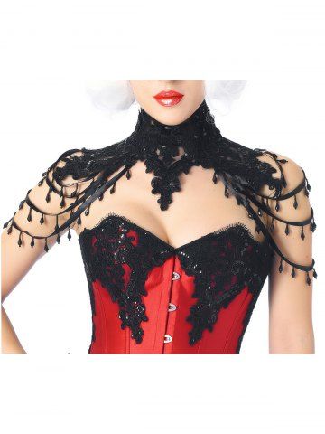Gothic Beaded Layered Lace Shoulder Piece Necklace - BLACK