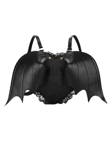 Gothic Lace Trim Demon Heart Bat Backpack - BLACK
