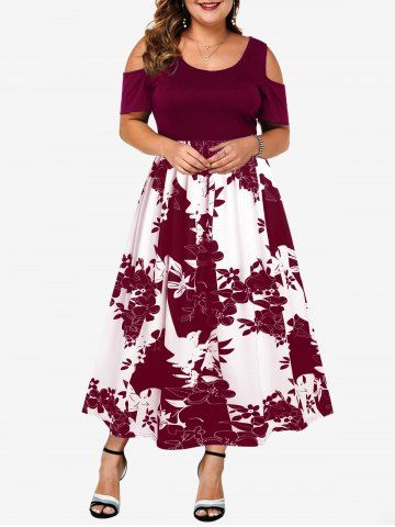 Plus Size Flower Printed Cold Shoulder A Line Midi Dress - DEEP RED - XL