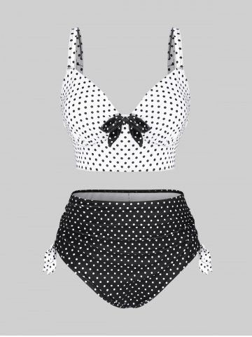 Bow Tie Polka Dot Cinched Bottom Tankini Swimsuit - BLACK - M | US 10