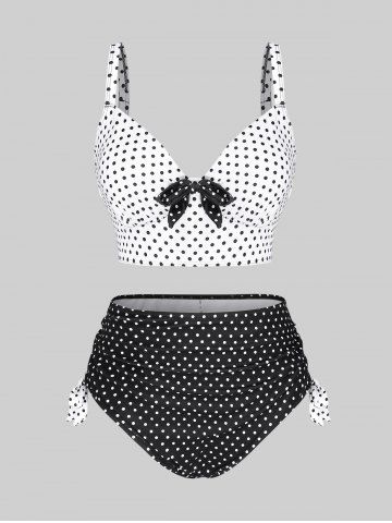 Bow Tie Polka Dot Cinched Bottom Tankini Swimsuit - BLACK - L | US 12