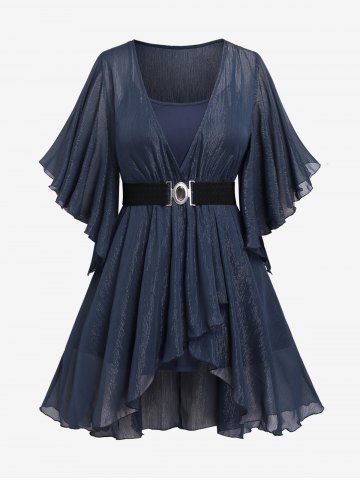 Plus Size Belted Butterfly Sleeves Blouse and Spaghetti Strap Top Set - DEEP BLUE - M | US 10