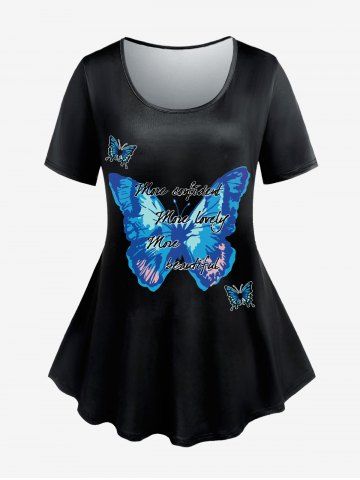 Plus Size 3D Butterfly English Letters Print Short Sleeve T-Shirt - BLUE - 1X | US 14-16