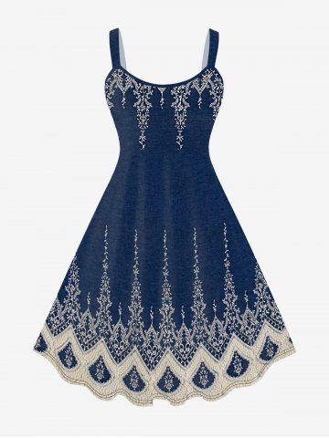 Vestido de Talla Extra de Escote Pico con Estampado de Flores de Colores - DEEP BLUE - S | US 8