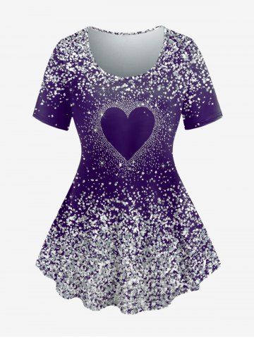 Plus Size Valentine's Day Glitter Heart Printed Short Sleeves Tee - PURPLE - 1X | US 14-16