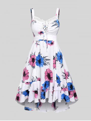 Plus Size 3D Floral Printed Ruched Lace Up Cisscross Cinched Spaghetti Strap Dress