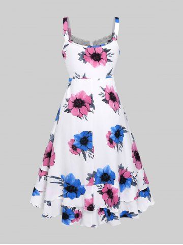 Plus Size 3D Floral Printed Ruched Lace Up Cisscross Cinched Spaghetti Strap Dress