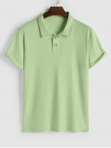 Solid Color Textured Short Sleeves Polo Collared T-shirt - LIGHT GREEN - S