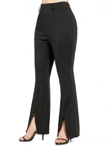 Pantalon Maigre Ajusté Evasé Long en Couleur Unie à Ourlet Fendu - BLACK - S