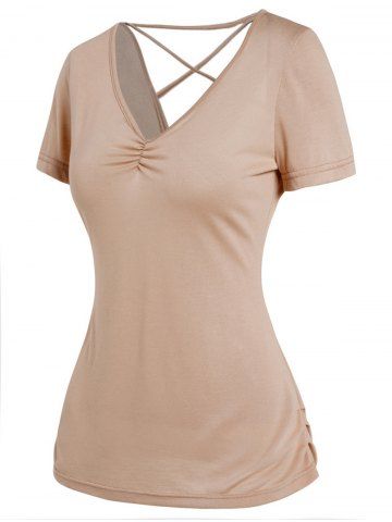 Solid Color Lace Up Ruched V Neck Short Sleeve T-shirt - LIGHT COFFEE - XL