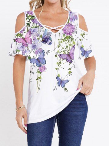 Butterfly Flower Leaf Print Crisscross Cold Shoulder V Neck Long T Shirt - WHITE - XL