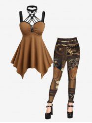 Gothic Halter Crisscross Strappy D-ring Tank Top and 3D Print Leggings Outfit -  