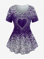 Plus Size Glitter Heart Printed Short Sleeves Tee -  