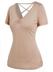 Solid Color Lace Up Ruched V Neck Short Sleeve T-shirt -  