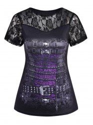 Gothic 3D Print Lace Panel Short Sleeve T-shirt -  