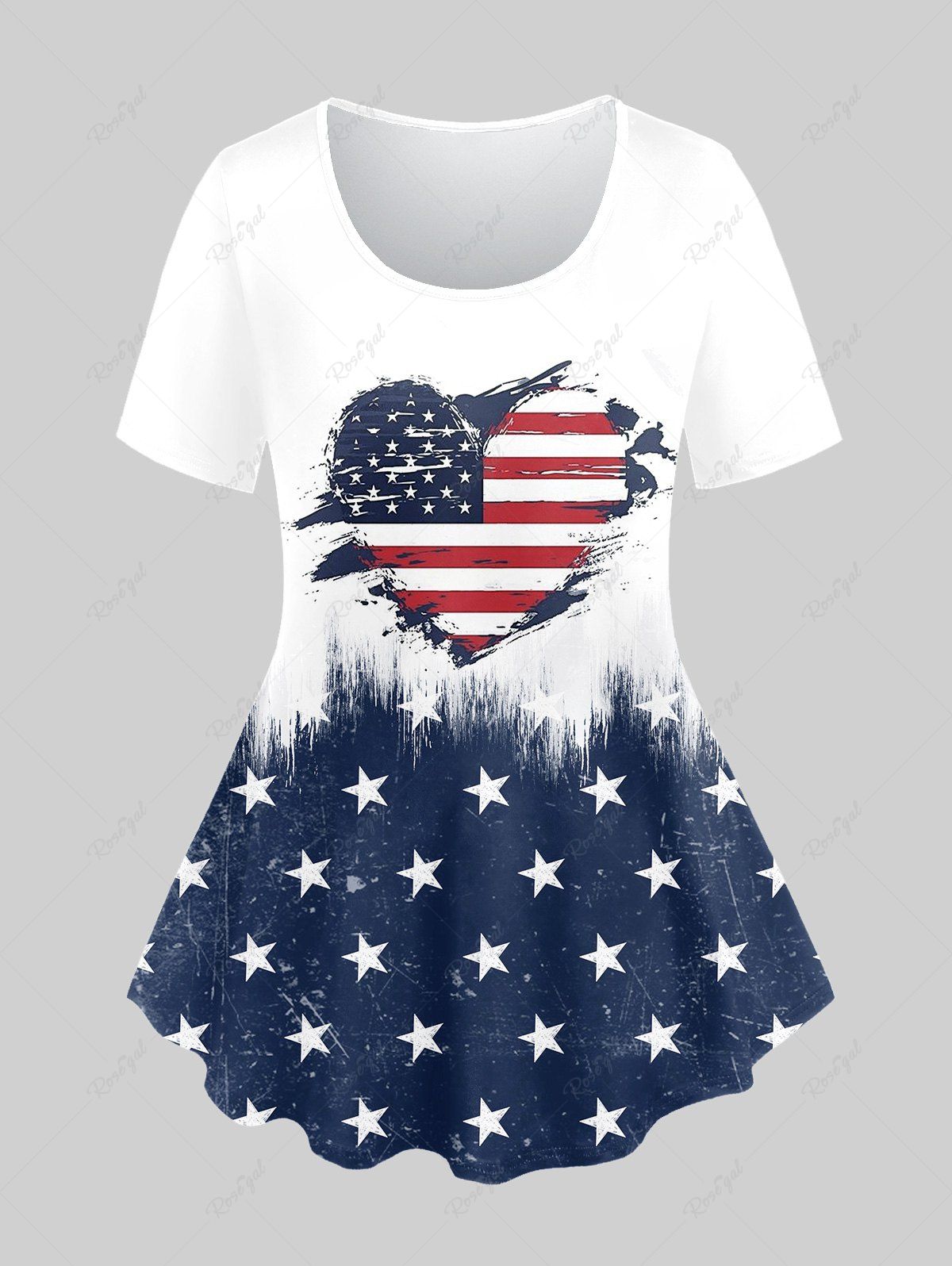 T-shirt Imprimé Drapeau Américain Coeur Grande Taille Bleu profond 4X | US 26-28