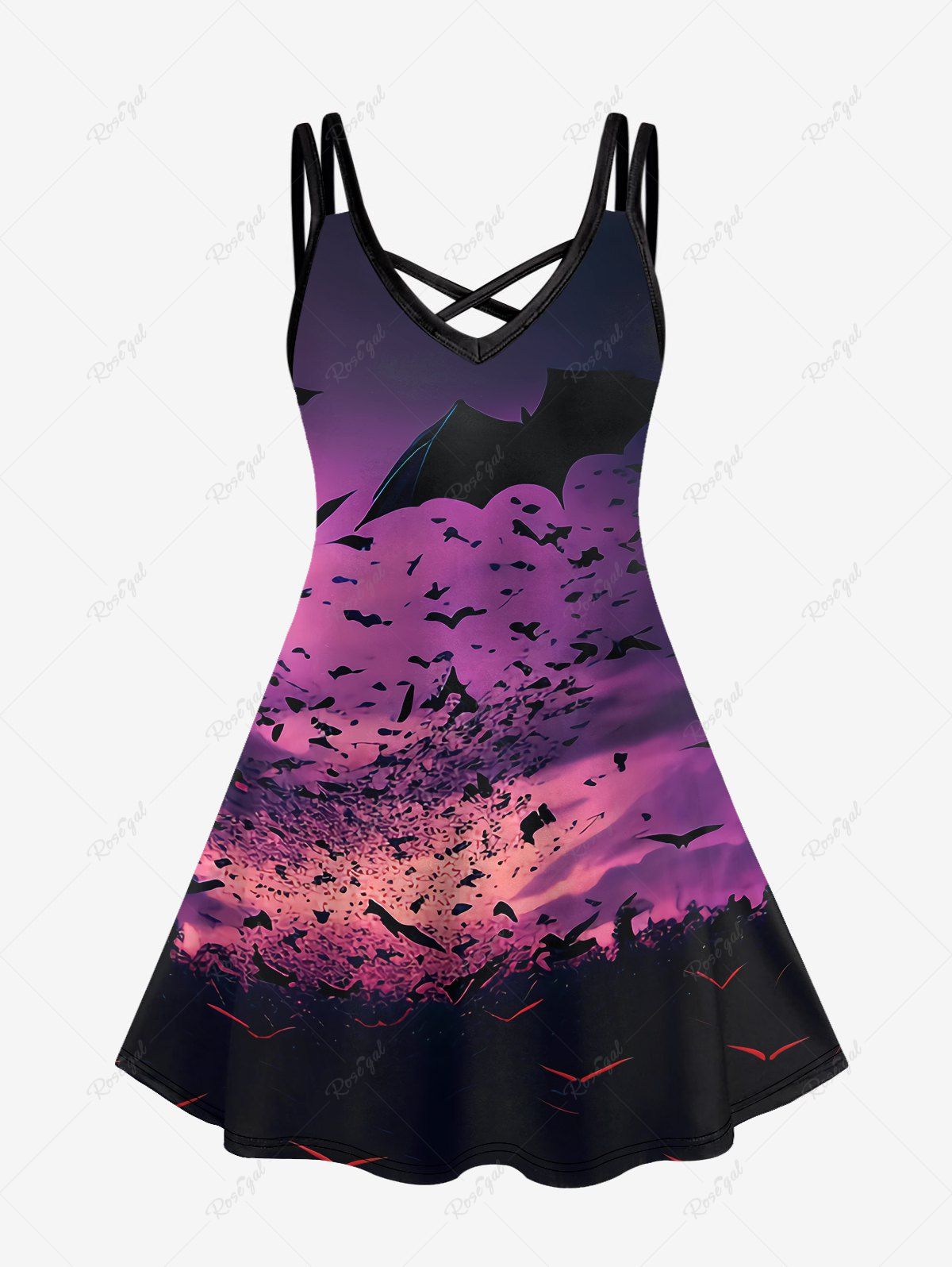 Hot Gothic Bat Print Crisscross Detail Sleeveless Dress  