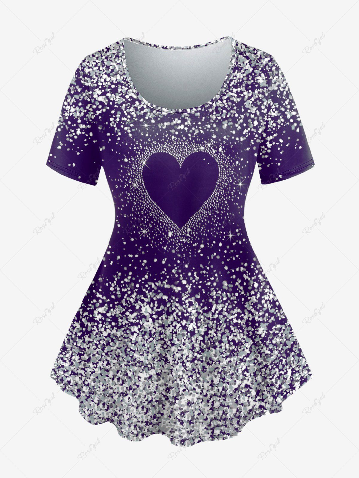 Trendy Plus Size Valentine's Day Glitter Heart Printed Short Sleeves Tee  