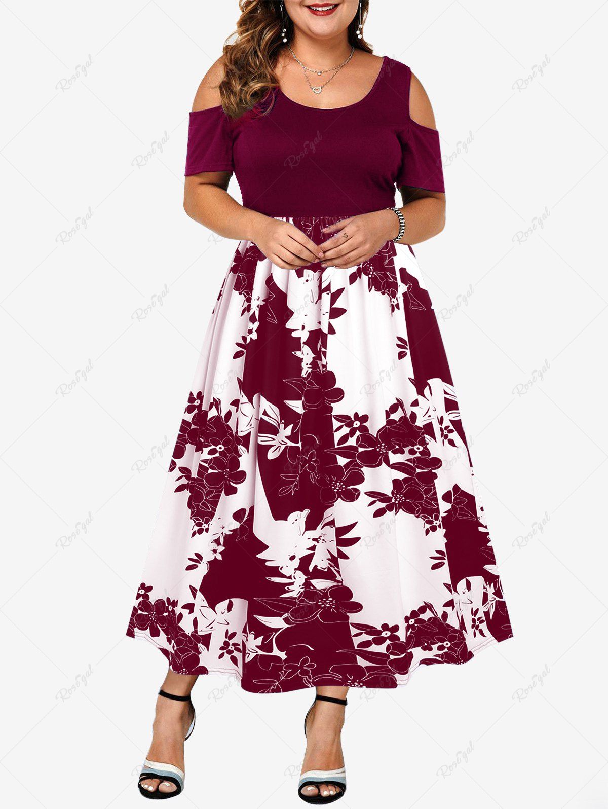 Unique Plus Size Flower Printed Cold Shoulder A Line Midi Dress  