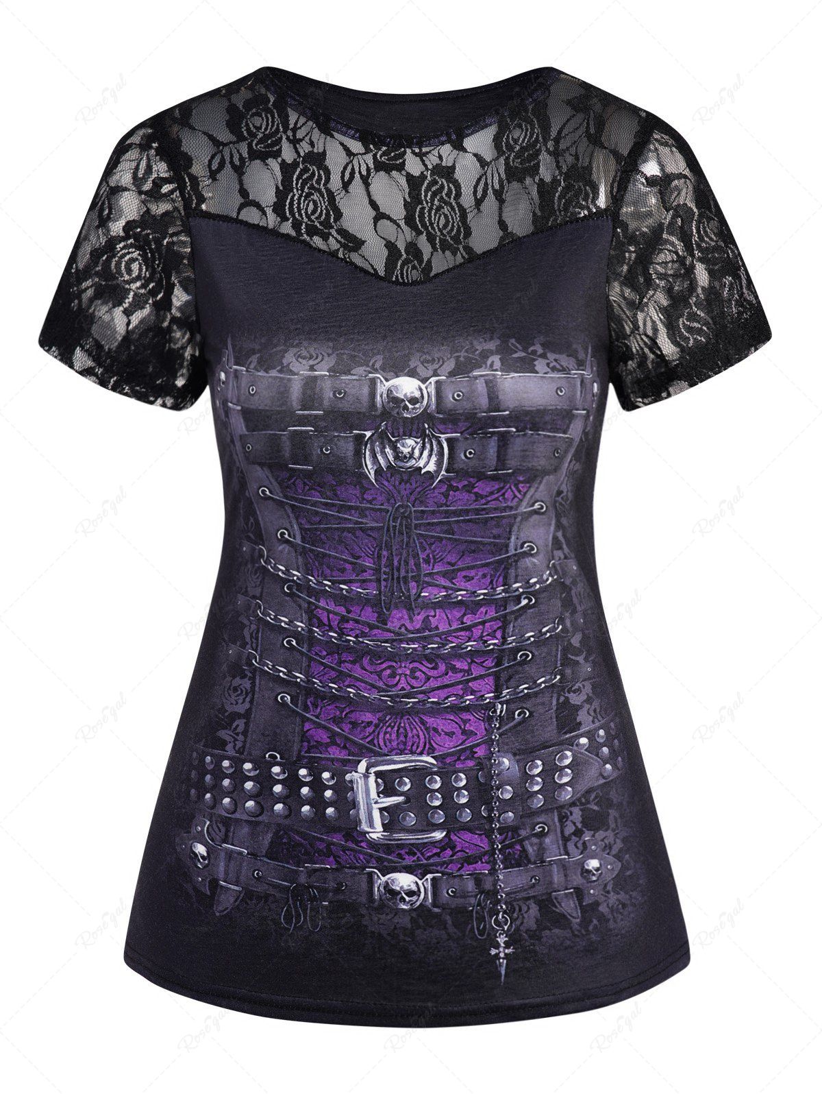 Best Gothic 3D Print Lace Panel Short Sleeve T-shirt  