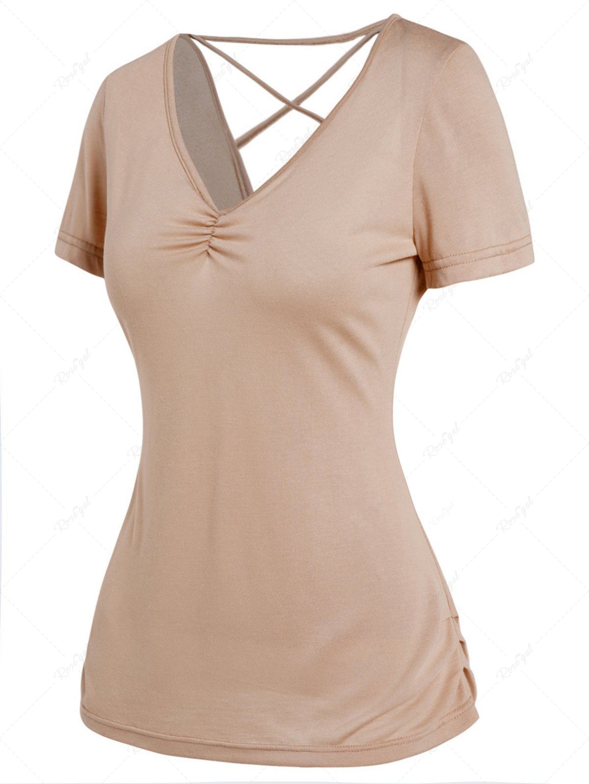 Cheap Solid Color Lace Up Ruched V Neck Short Sleeve T-shirt  