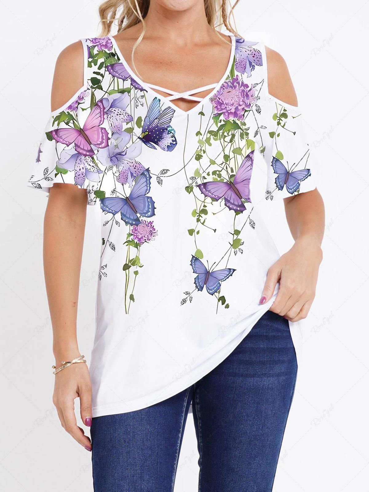 Chic Butterfly Flower Leaf Print Crisscross Cold Shoulder V Neck Long T Shirt  