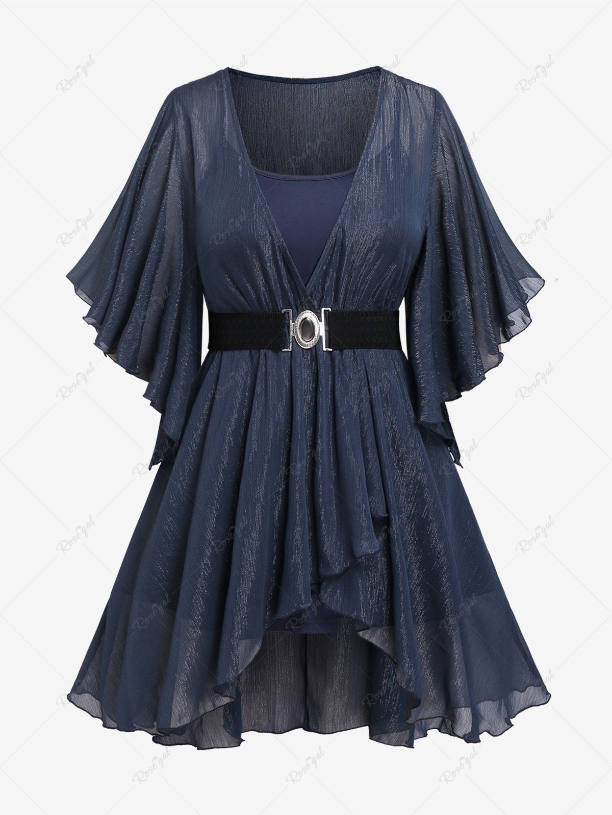 Trendy Plus Size Belted Butterfly Sleeves Blouse and Spaghetti Strap Top Set  