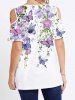 Butterfly Flower Leaf Print Crisscross Cold Shoulder V Neck Long T Shirt -  