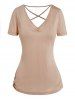 Solid Color Lace Up Ruched V Neck Short Sleeve T-shirt -  