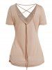 Solid Color Lace Up Ruched V Neck Short Sleeve T-shirt -  