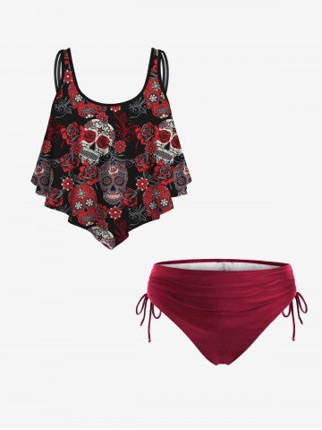 Traje de Bikini Talla Grande de Estampado de Rosa y Cordones - RED