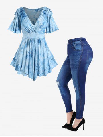 Flutter Sleeves Cinched Lettuce Tie Dye Surplice Tee and 3D Ombre Jeans Printed Jeggings Plus Size Outfits