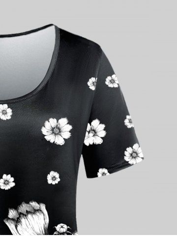Monochrome Floral Print Tee and Leggings Plus Size Summer Outfit